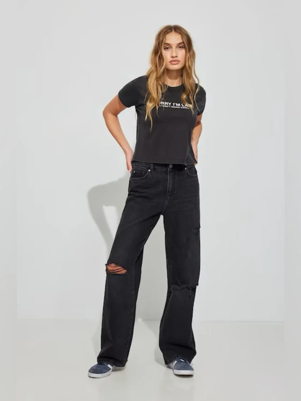 Garage JAMBE LARGE/WIDE LEG Black Wide-Leg Distressed Jeans for Women